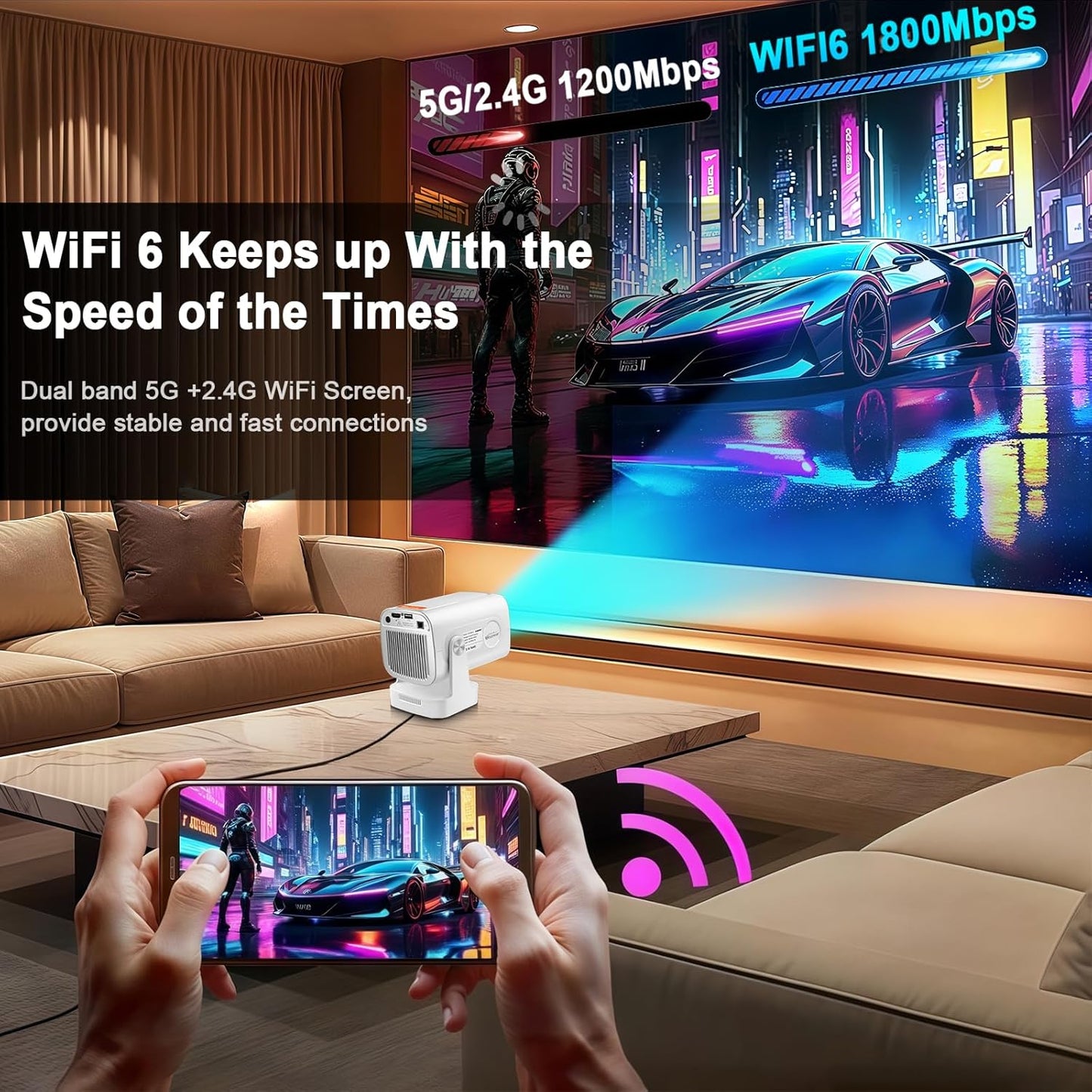Projector with WiFi and Bluetooth, 4K Support Native 1080P Movie Projector, Outdoor Auto Focus Projector for Home Theater, Compatible with iOS Android Phone/TV Stick/Laptop