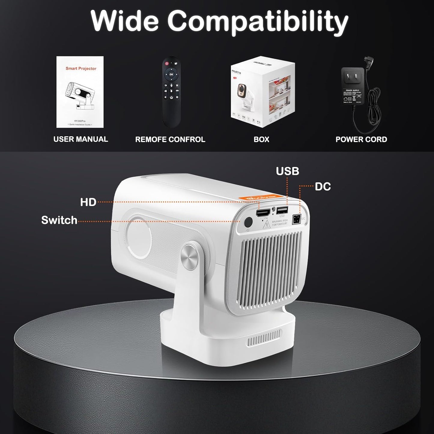 Projector with WiFi and Bluetooth, 4K Support Native 1080P Movie Projector, Outdoor Auto Focus Projector for Home Theater, Compatible with iOS Android Phone/TV Stick/Laptop