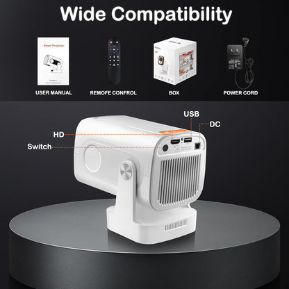 Projector with WiFi and Bluetooth, 4K Support Native 1080P Movie Projector, Outdoor Auto Focus Projector for Home Theater, Compatible with iOS Android Phone/TV Stick/Laptop