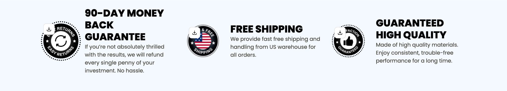 90-day money-back guarantee, free shipping and guaranteed high quality